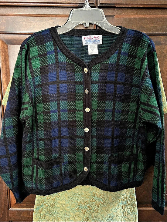 Tally-Ho Creation Sweaters - Tally-Ho Creation Sz S Blackwatch Tartan Plaid Cardigan in Green & Blue - Gold B